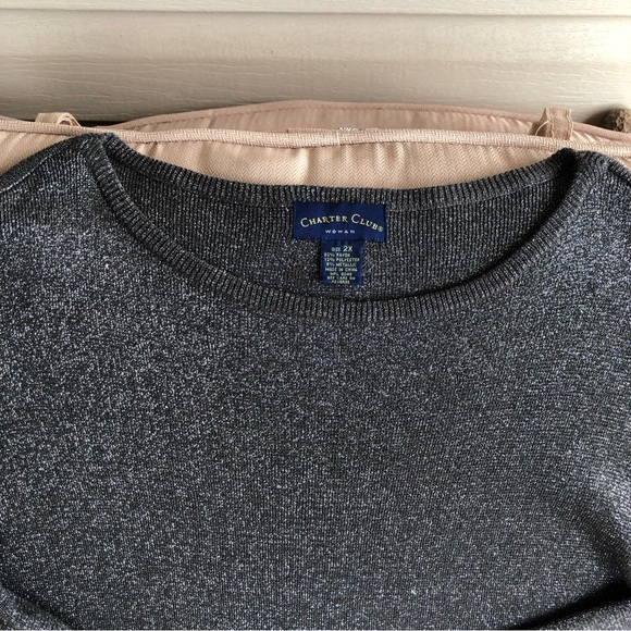 Charter Club Women Gray Shimmer Long Sleeve Round Neck Stretchy Blouse 2X - Picture 6 of 10